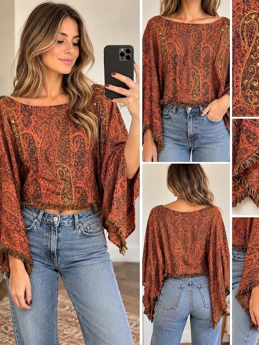 Chaudry Sports Paisley Boho Draped Sleeve Crop Top Cinnamon One NWT